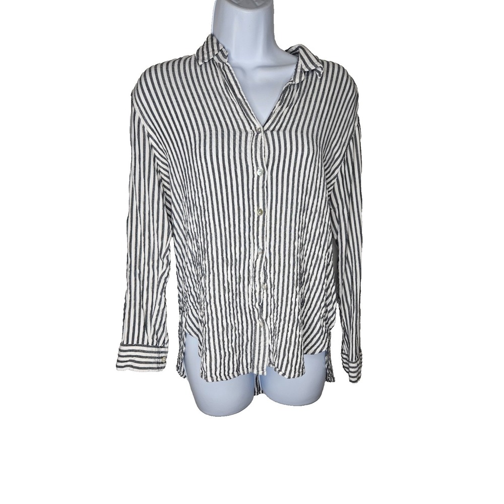 Jane Delancey Striped Button Down Blouse M Black White Rayon Coastal Casual